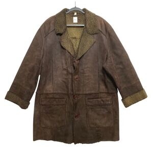 Aston Shearling Coat Mens 46 Brown Genuine Leather Suede Button Car Coat Jacket
